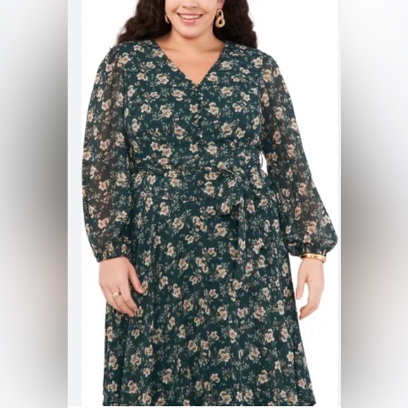HAILEY & Co Green Floral Long Sleeve Printed Babydoll Dress Large - Picture 10 of 11